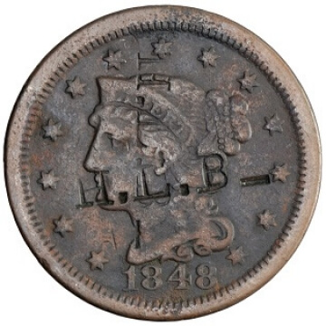 1848 braided hair large cent obverse with counterstamps