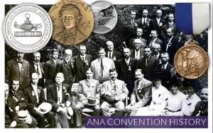 commemorative coins on top of black and white group photo