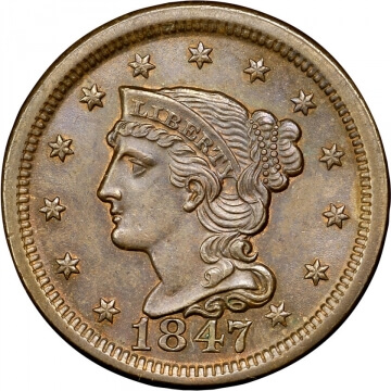1847 braided hair large cent obverse