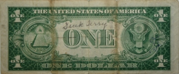 old one dollar bill reverse with writing on it