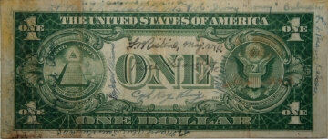 old one dollar bill reverse with writing on it