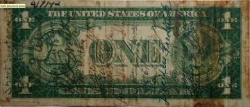 old one dollar bill reverse with writing on it