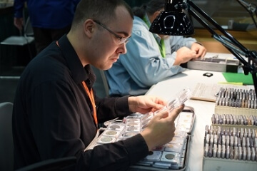 man examining a binder page of coins in flips