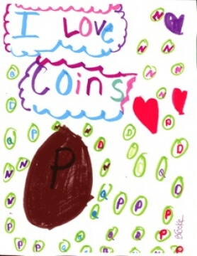 child's drawing with "i love coins"