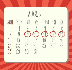 august calendar with the 9th through 13th circled