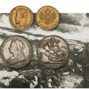 two foreign coins on top of a black and white photo