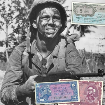 black and white photo of soldier with foreign paper money on top