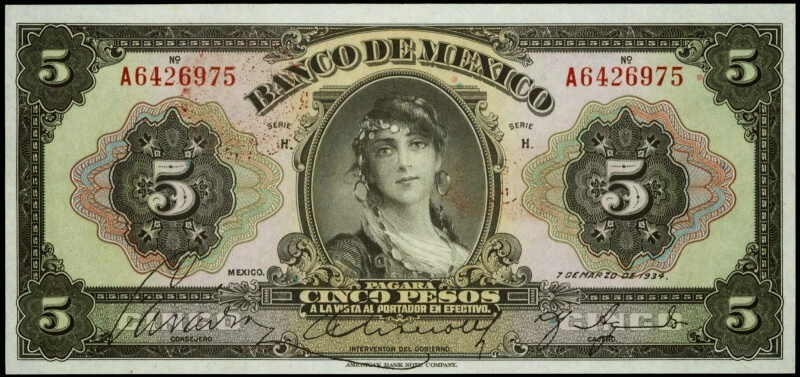 Details about   1963 Mexico 5 Pesos GYPSY Mexican banknote billete Serie AIQ 24 April 1963 C3578 
