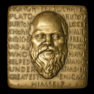 square bronze medal with a portrait of a bearded man