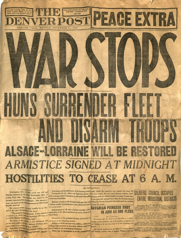 old newspaper with headline "war stops"