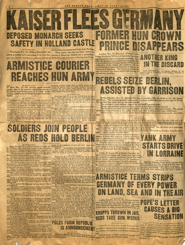 old newspaper with headline "kaiser flees Germany"