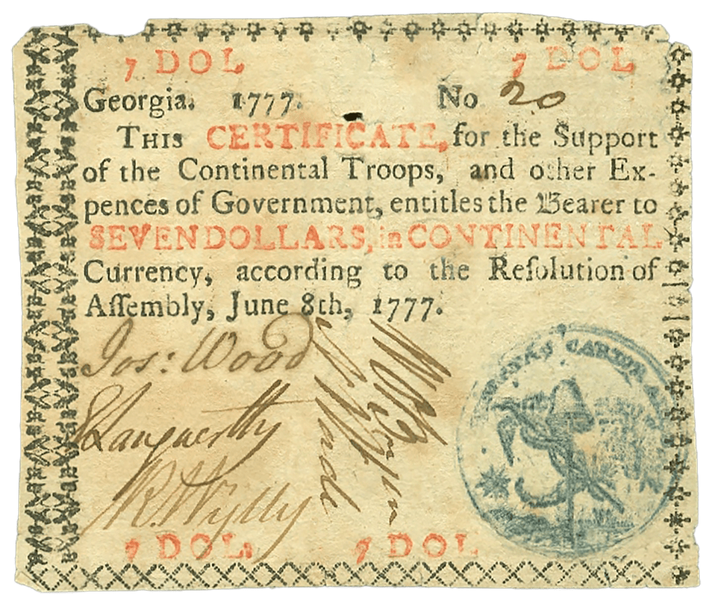 1777 | Georgia Continental Currency 7 Dollar Note