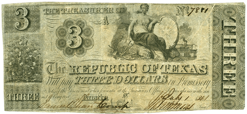 1841 | $3 Republic of Texas Obsolete Note, Austin