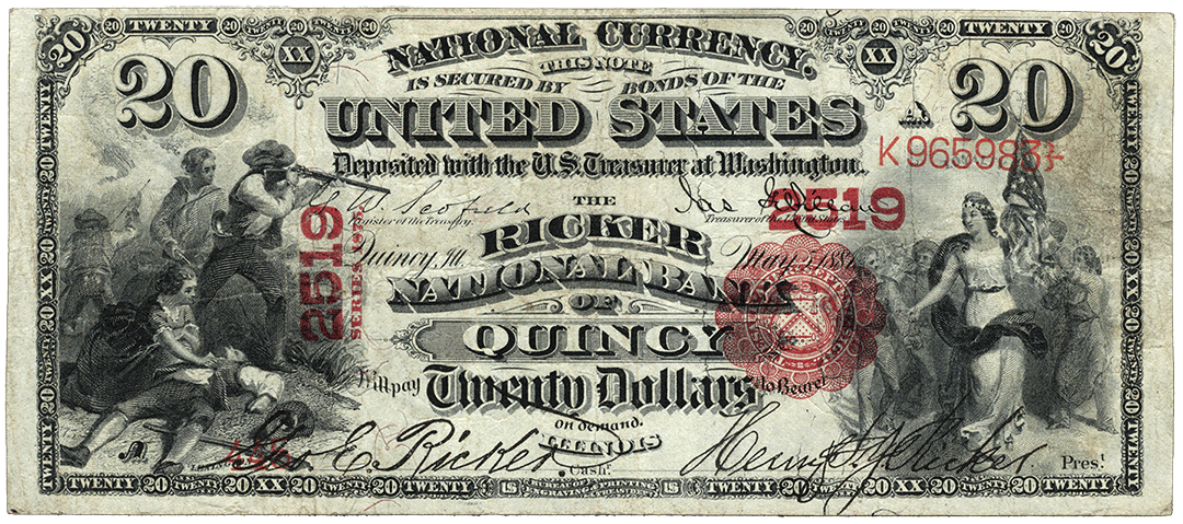 1881 | National bank note, 1st charter Riker National Bank of Quincy, Il
