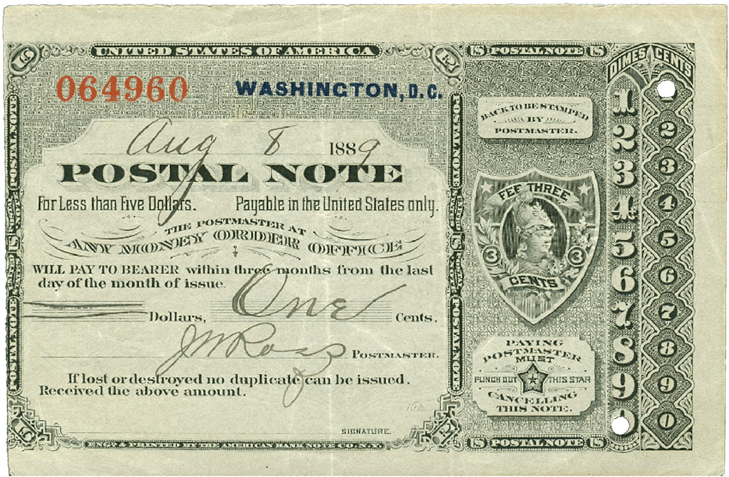 1887 | Postal note, “fee three cent,” type V