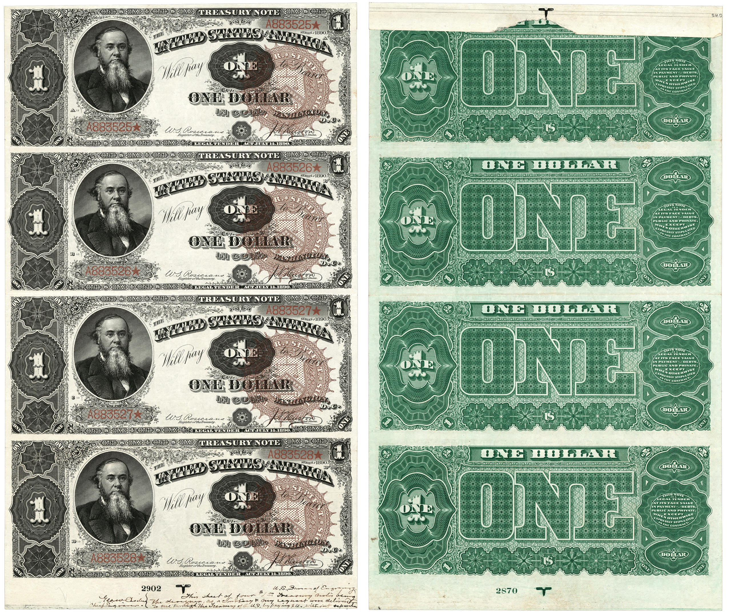 1890 $1 Treasury Notes, Series 1890, uncut sheet
