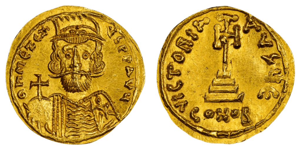 The finest of only seven known examples, this solidus of Mezezius, AD 668-669, graded PCGS MS66, is one of the highlights of the Tyrants of the Golden Horn collection. (Image courtesy of Professional Coin Grading Service.)