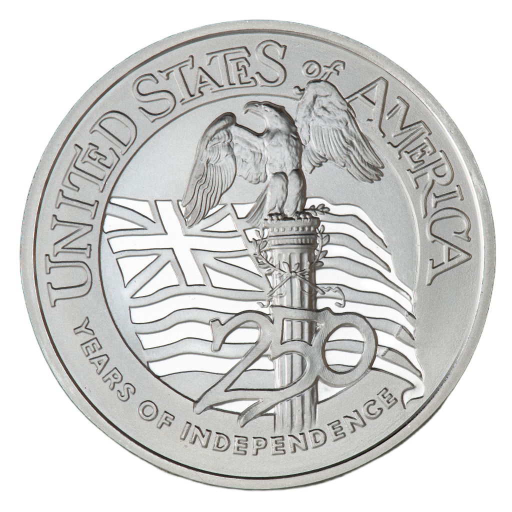 The obverse depicts an allegorical figure of Liberty carrying a laurel wreath to symbolize victory in the Revolutionary War. She protectively shields an eternal flame, whose brilliant light reveals 13 stars representing the original American colonies.